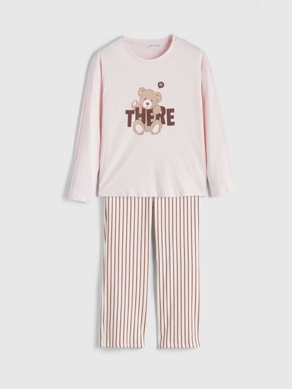 LCW Young Pink Crew Neck Bear Printed Women Pajama Set