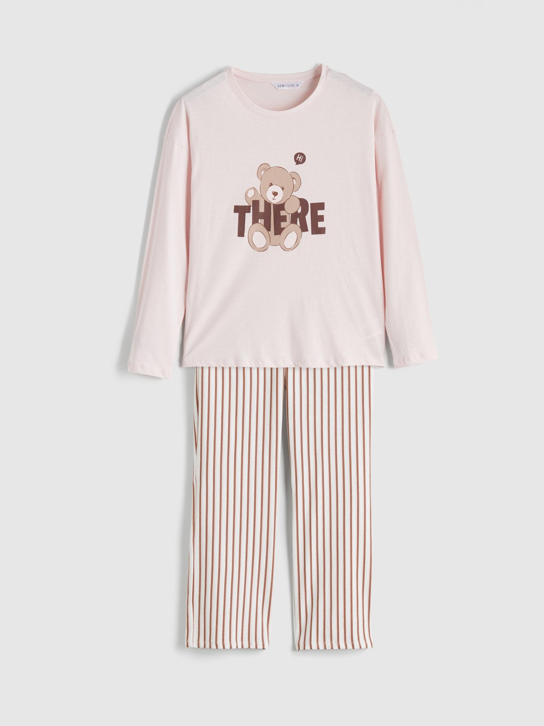 LCW Young Pink Crew Neck Bear Printed Women Pajama Set