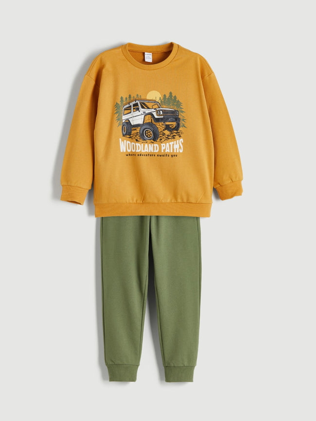 LCW Kids Yellow Crew Neck Printed Baby Boy Sweatshirt And Tracksuit Bottoms 2-Pack Hover Image