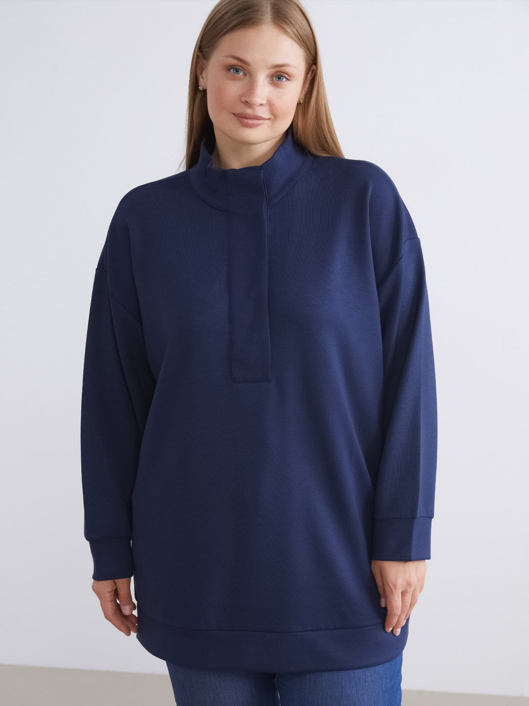 LCW Modest Navy Blue Stand Collar Oversize Women Sweatshirt Tunic