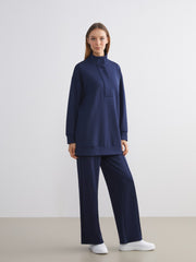 LCW Modest Navy Blue Stand Collar Oversize Women Sweatshirt Tunic
