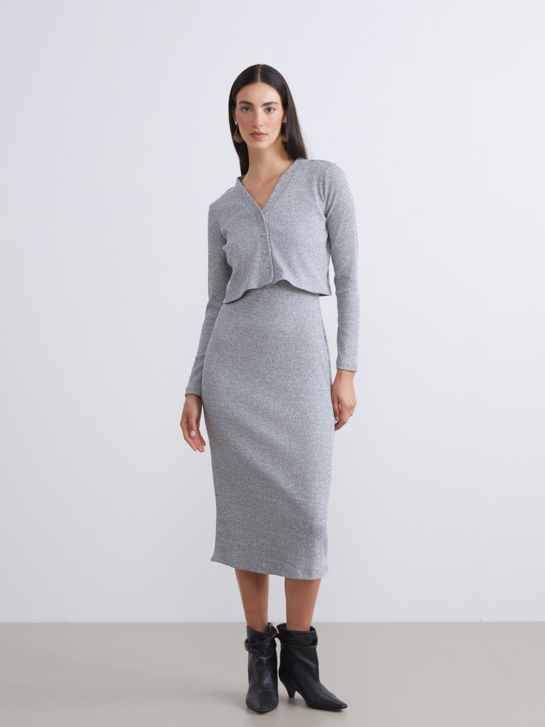 LCW Comfort Gray Crew Neck Women Dress And Cardigan Set