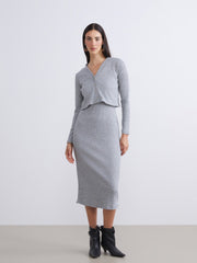 LCW Comfort Gray Crew Neck Women Dress And Cardigan Set