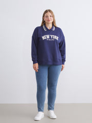 LCW Modest Navy Blue Polo Neck New York Printed Women Sweatshirt