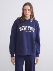 LCW Modest Navy Blue Polo Neck New York Printed Women Sweatshirt