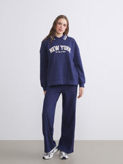 LCW Modest Navy Blue Polo Neck New York Printed Women Sweatshirt