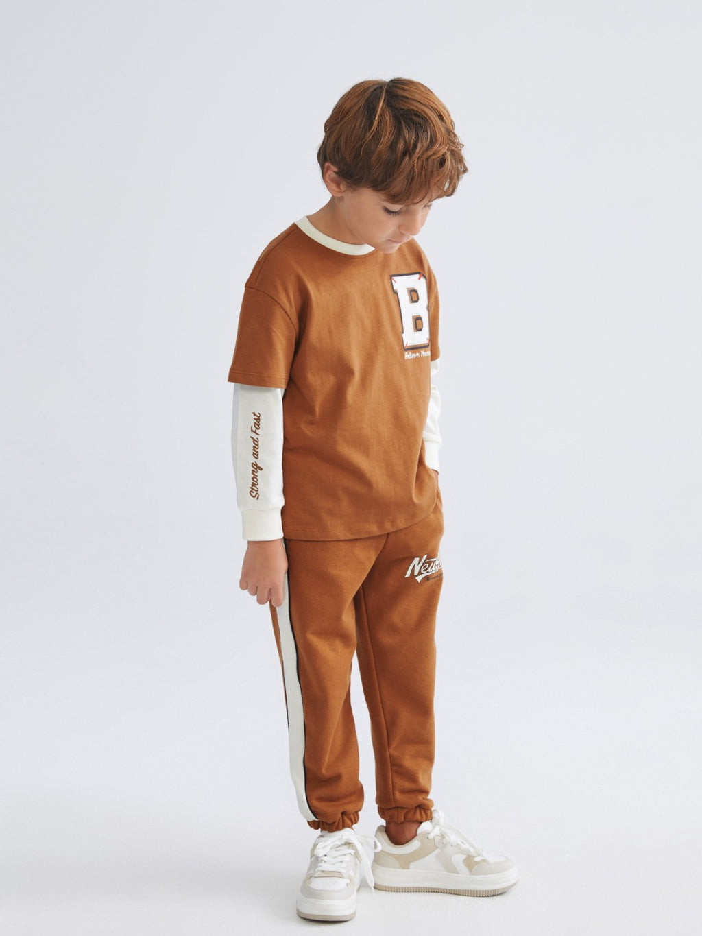 LCW Kids Brown Crew Neck Printed Long Sleeve BoyS T-Shirt