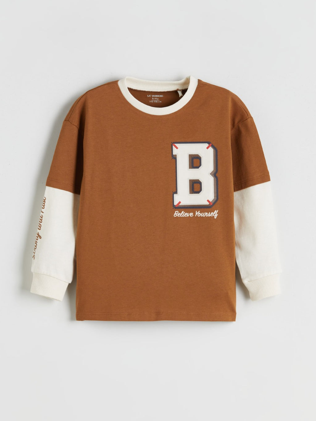 LCW Kids Brown Crew Neck Printed Long Sleeve BoyS T-Shirt