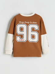 LCW Kids Brown Crew Neck Printed Long Sleeve BoyS T-Shirt