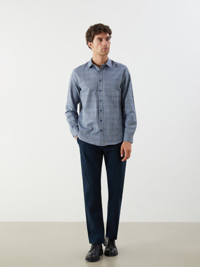 LCW Classic Blue Regular Fit Long Sleeve Plaid Gabardine Men Shirt Main Image