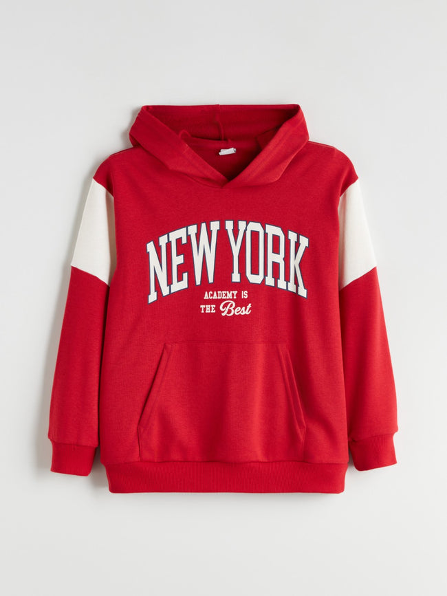 LCW Kids Red Hooded New York Printed Boys Sweatshirt Hover Image