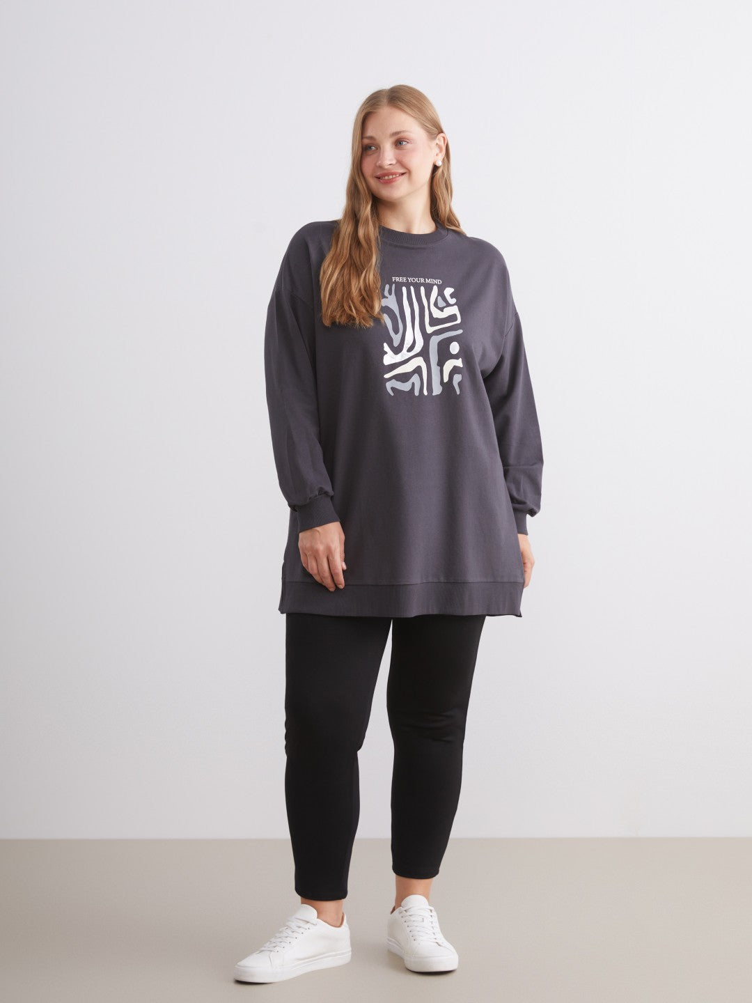 LCW Modest Crew Neck Printed Women Sweatshirt Tunic