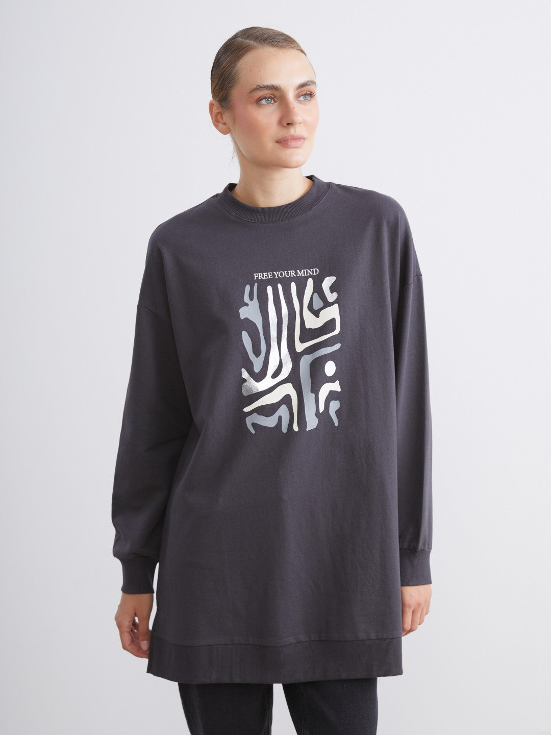 LCW Modest Crew Neck Printed Women Sweatshirt Tunic
