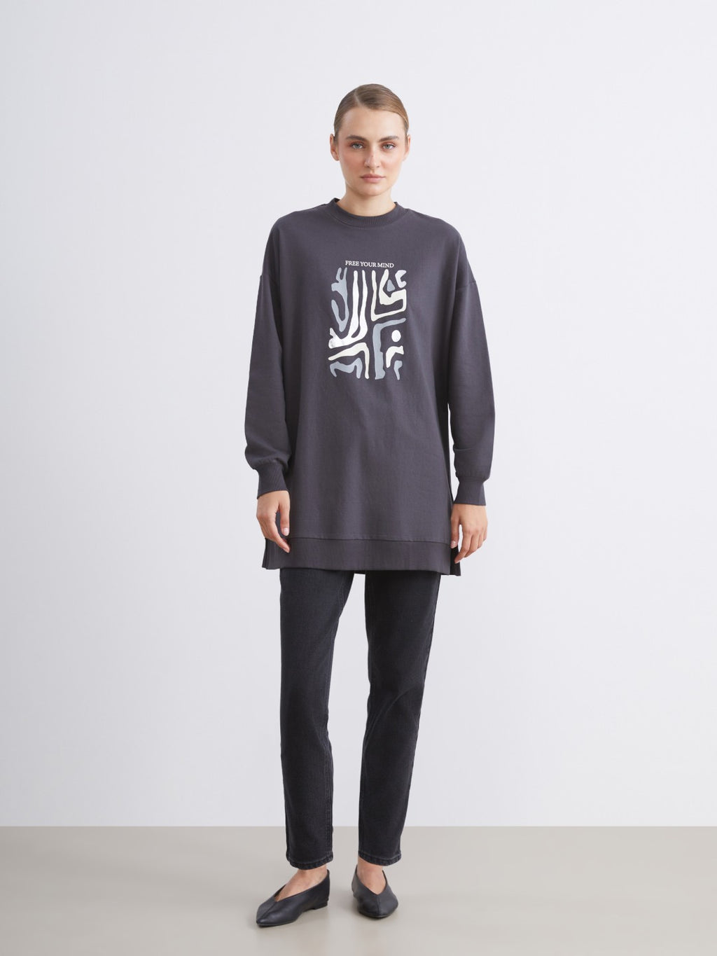 LCW Modest Crew Neck Printed Women Sweatshirt Tunic