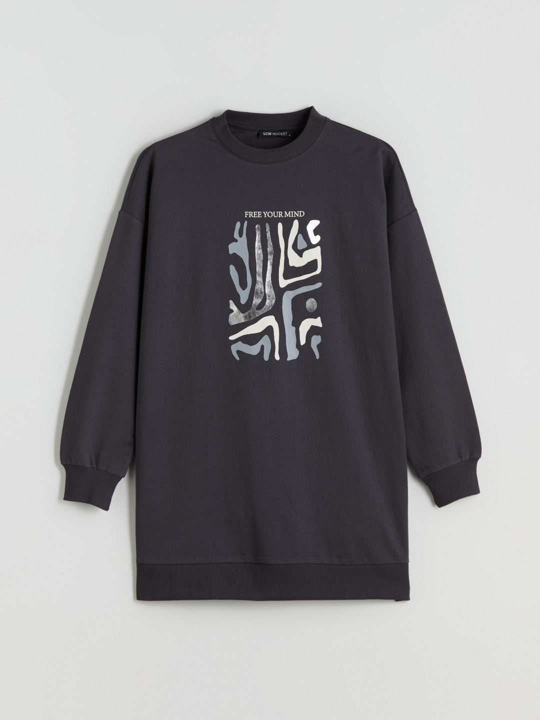 LCW Modest Crew Neck Printed Women Sweatshirt Tunic