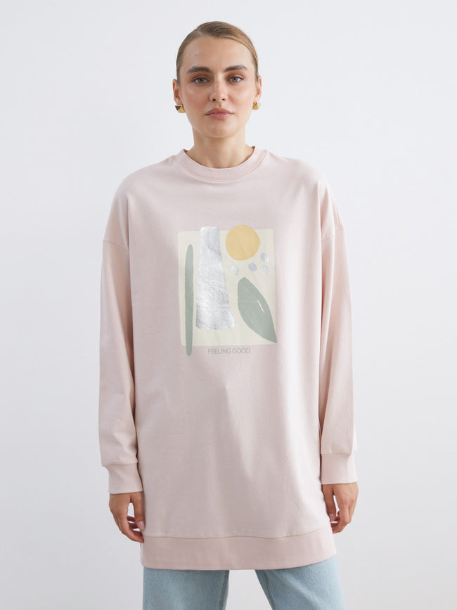 LCW Modest Pink Crew Neck Printed Women Sweatshirt Tunic Hover Image