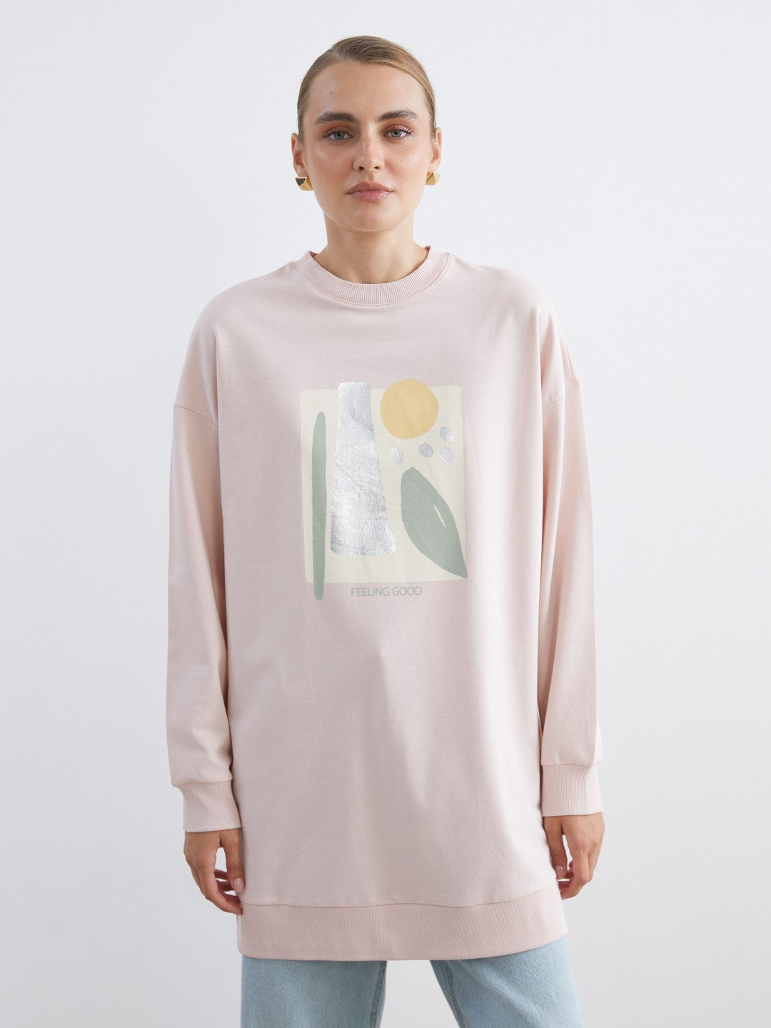 LCW Modest Pink Crew Neck Printed Women Sweatshirt Tunic
