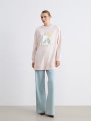 LCW Modest Pink Crew Neck Printed Women Sweatshirt Tunic
