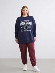 LCW Modest Navy Blue London Printed Oversize Women Sweatshirt Tunic