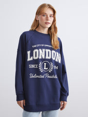 LCW Modest Navy Blue London Printed Oversize Women Sweatshirt Tunic