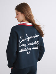 Xside Navy Blue Polo Neck Embroidered Women Thick Sweatshirt