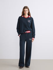 Xside Navy Blue Polo Neck Embroidered Women Thick Sweatshirt