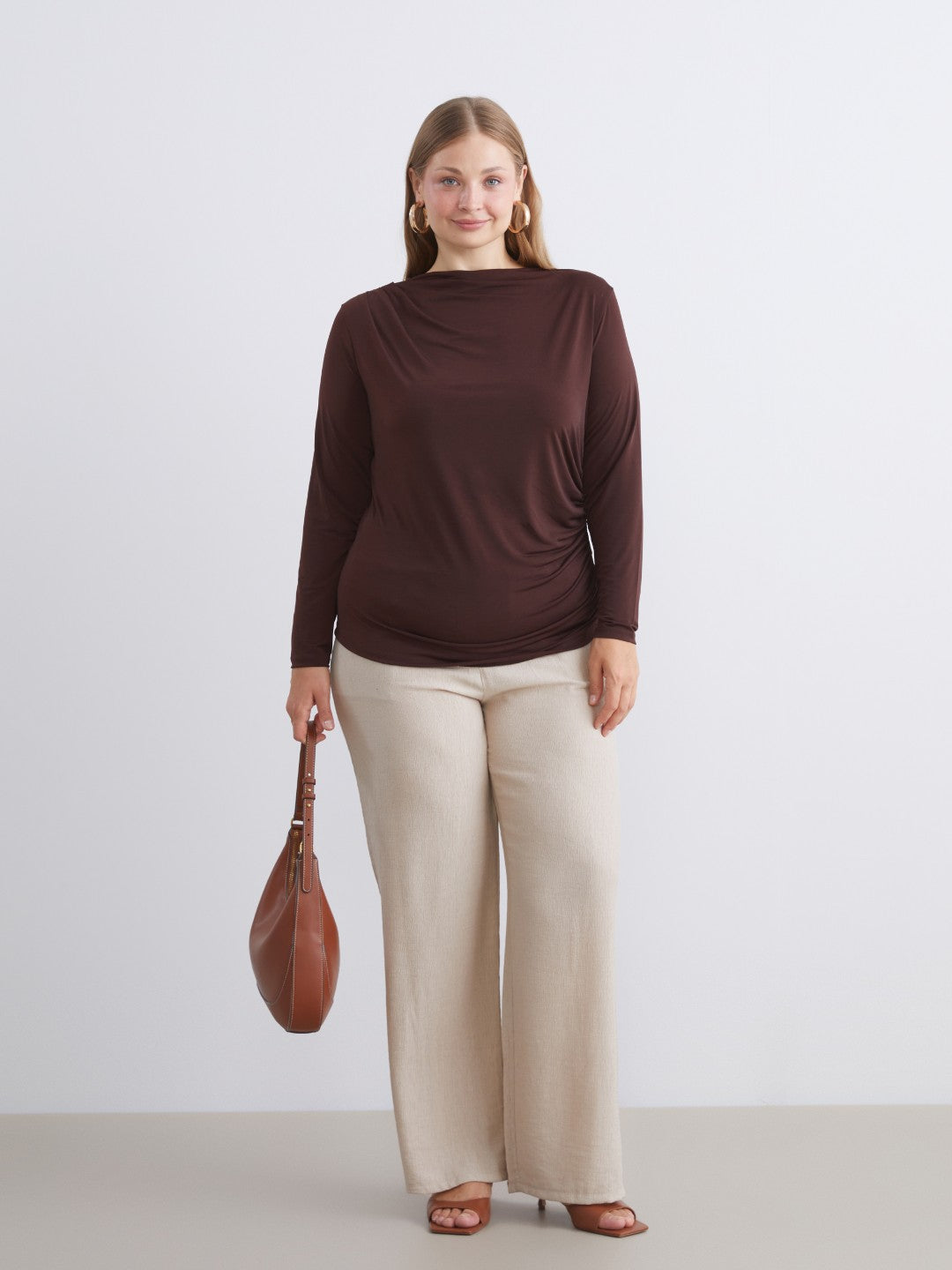 LCW Classic Brown Crew Neck Gathered Women Bodysuit