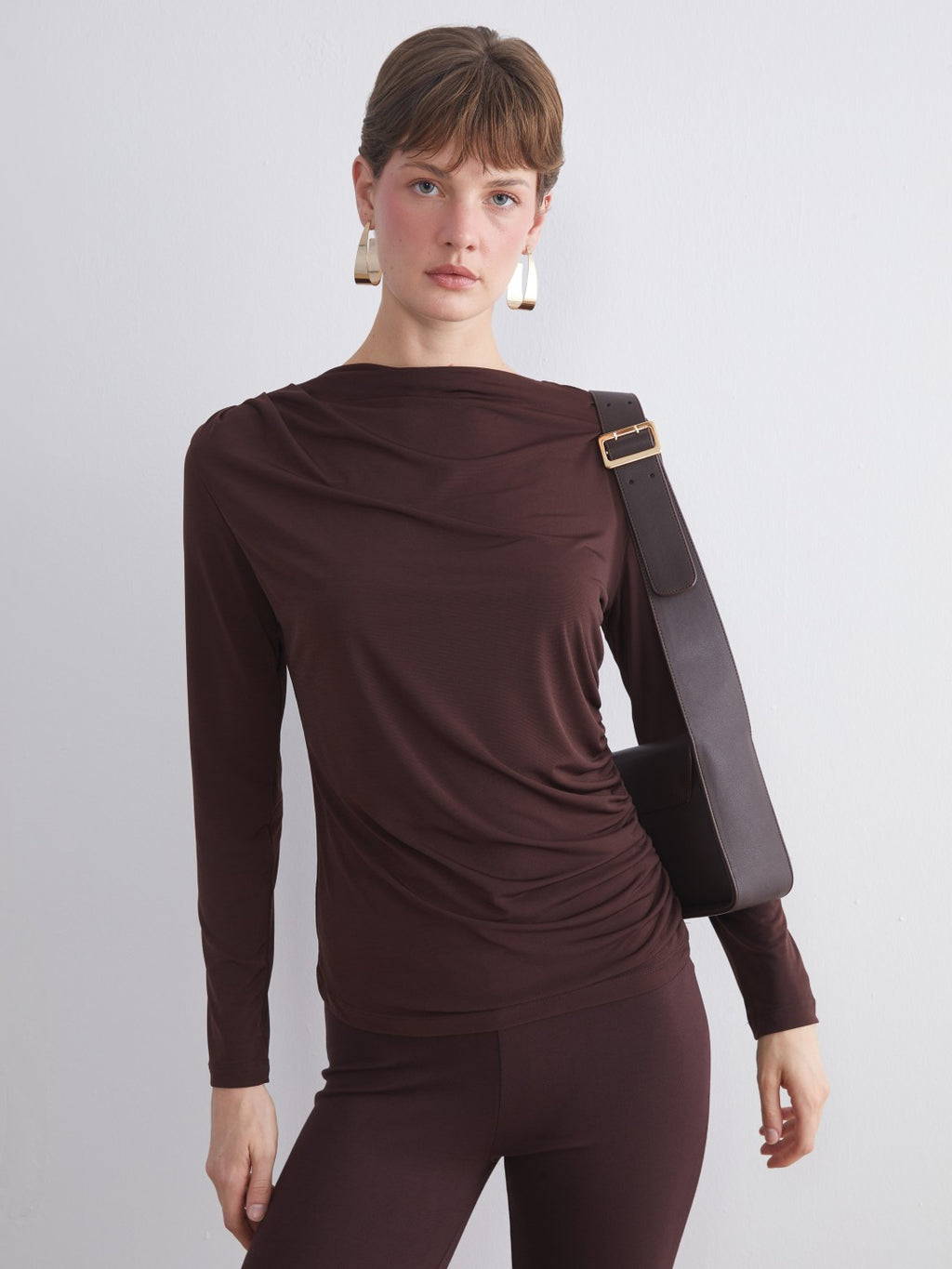 LCW Classic Brown Crew Neck Gathered Women Bodysuit
