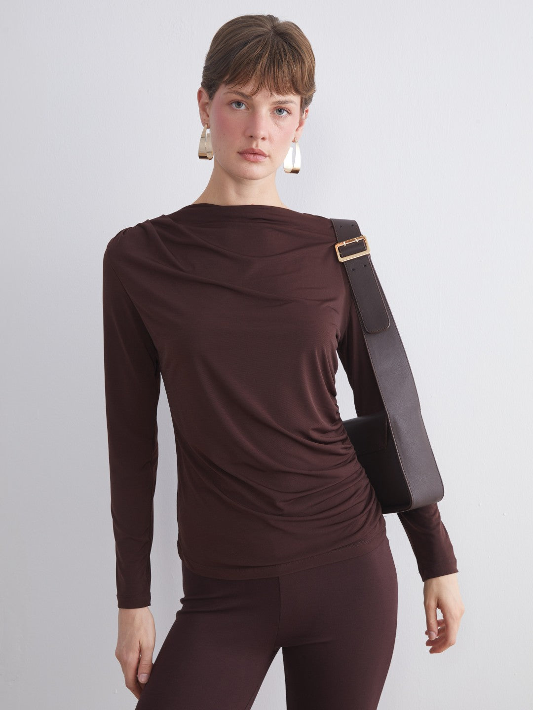 LCW Classic Brown Crew Neck Gathered Women Bodysuit