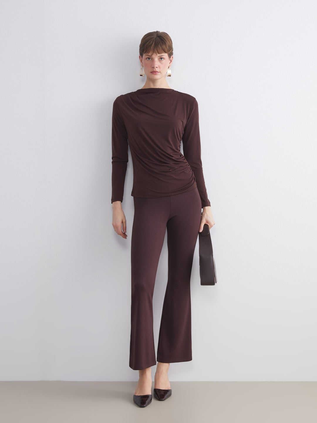 LCW Classic Brown Crew Neck Gathered Women Bodysuit