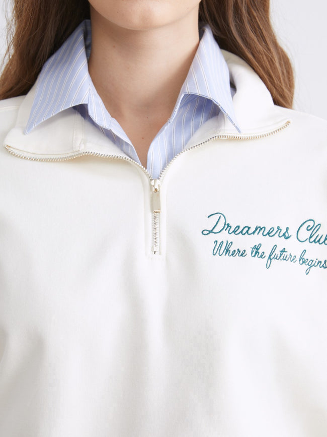 Xside Beige Stand Collar Embroidered Oversize Women Thick Sweatshirt Hover Image