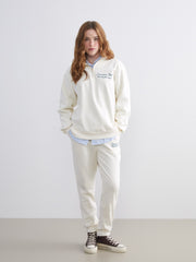 Xside Beige Stand Collar Embroidered Oversize Women Thick Sweatshirt