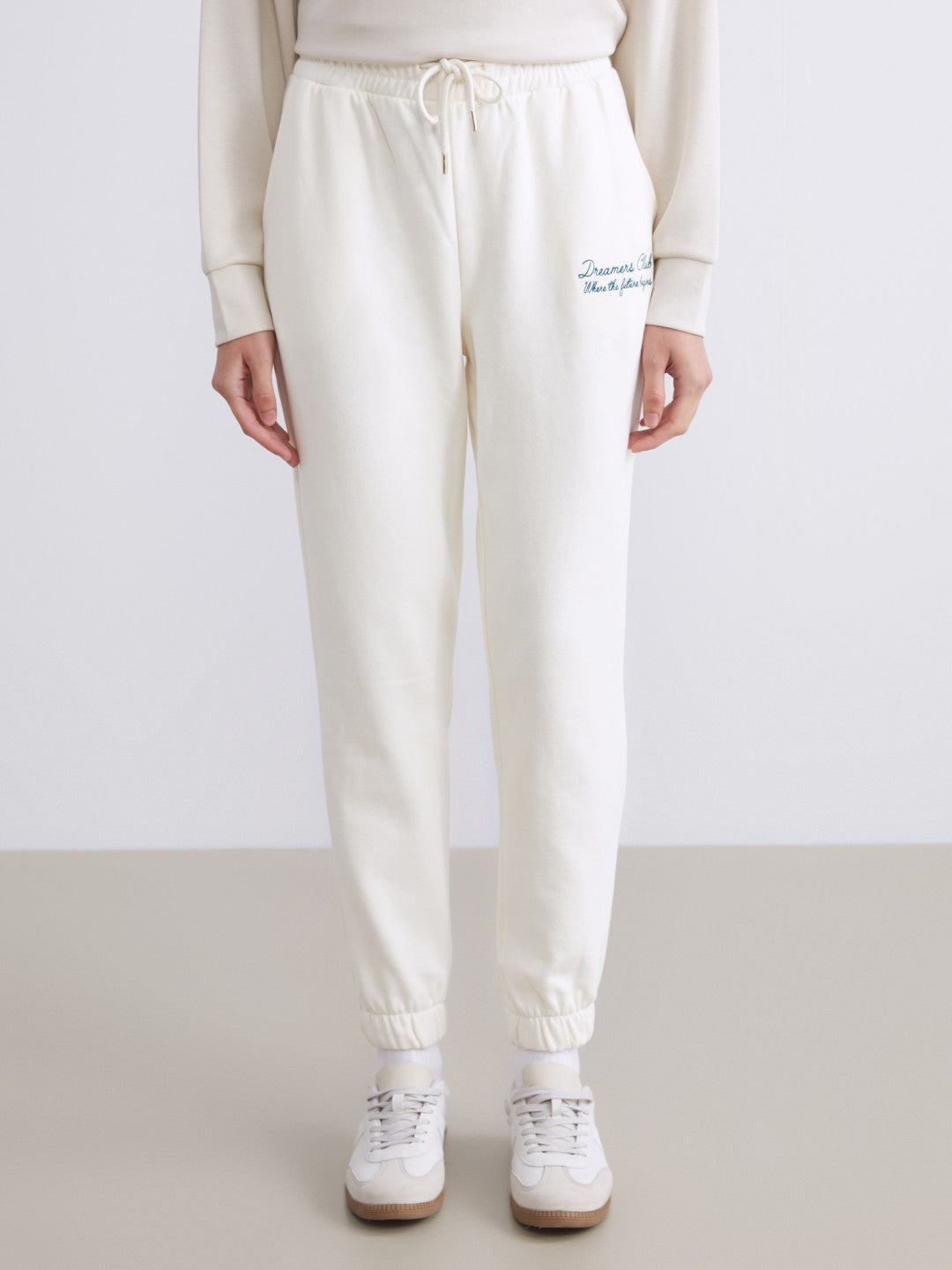 Xside Beige Elastic Waist Embroidered Women Thick Jogger Sweatpants