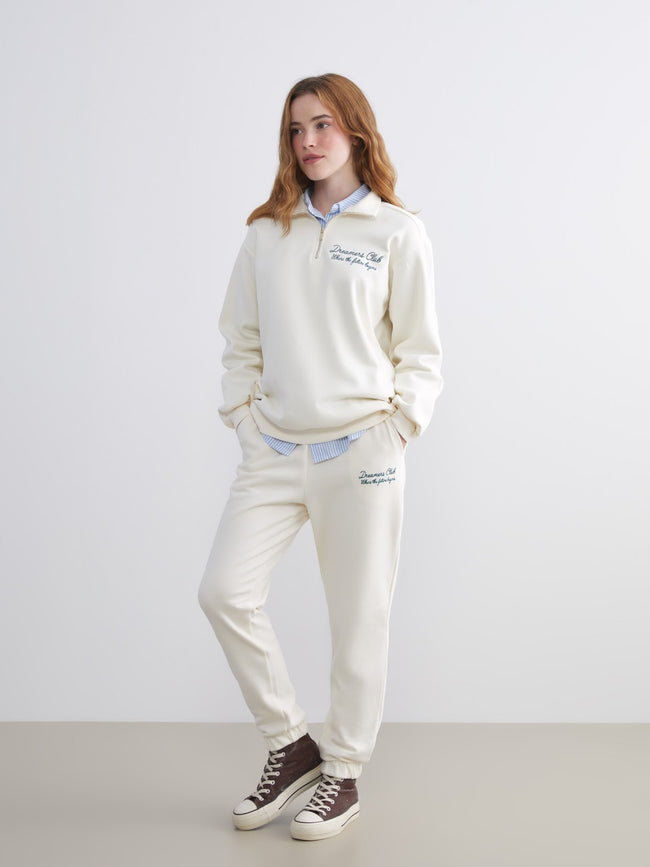 Xside Beige Elastic Waist Embroidered Women Thick Jogger Sweatpants Main Image