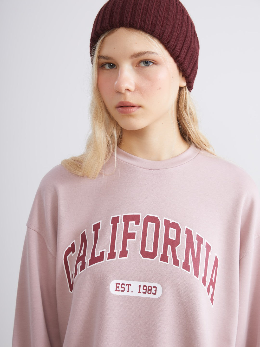 Xside Pink California Printed Oversize Women Sweatshirt Tunic