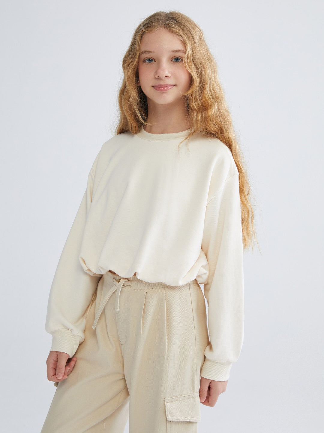 LCW Kids Ecru Crew Neck Basic Girls Sweatshirt