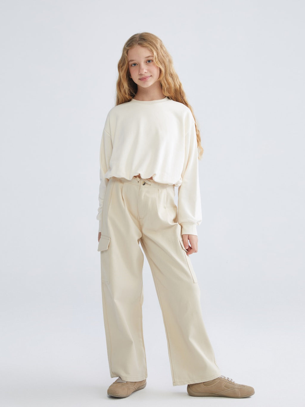 LCW Kids Ecru Crew Neck Basic Girls Sweatshirt