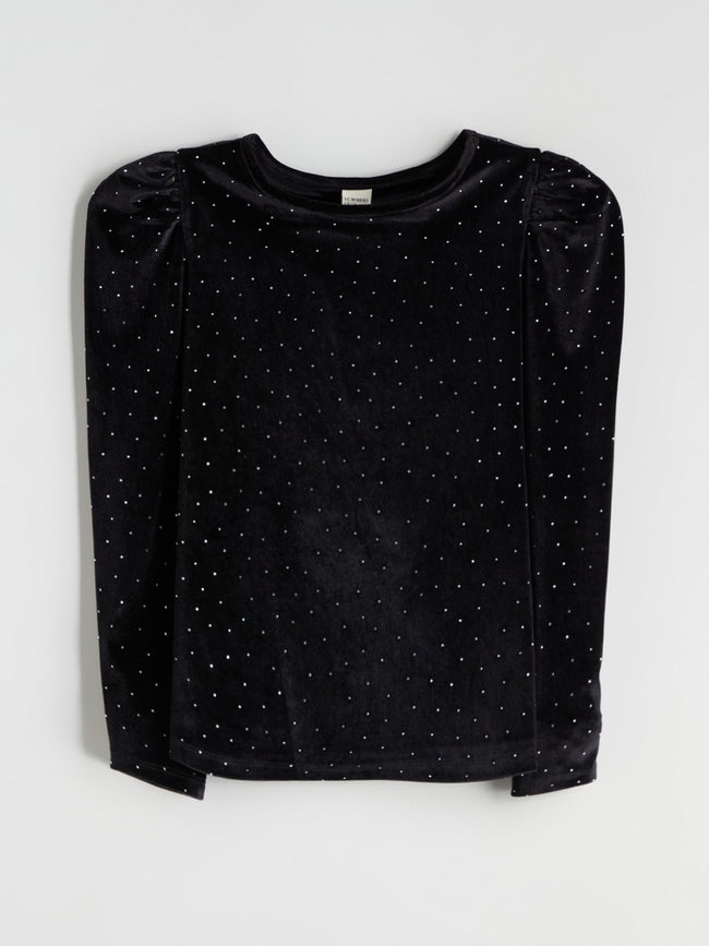 LCW Kids Crew Neck Rhinestone Embellished Velvet Girls T-Shirt Hover Image