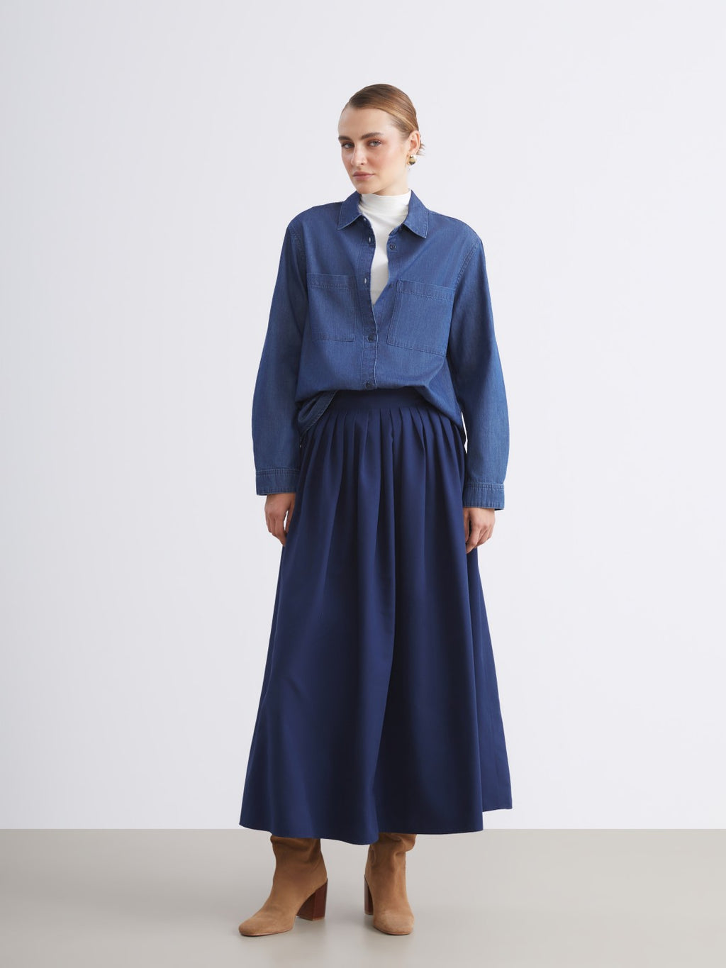 LCW Modest Navy Blue Waist Zippered Pleated Flared Skirt