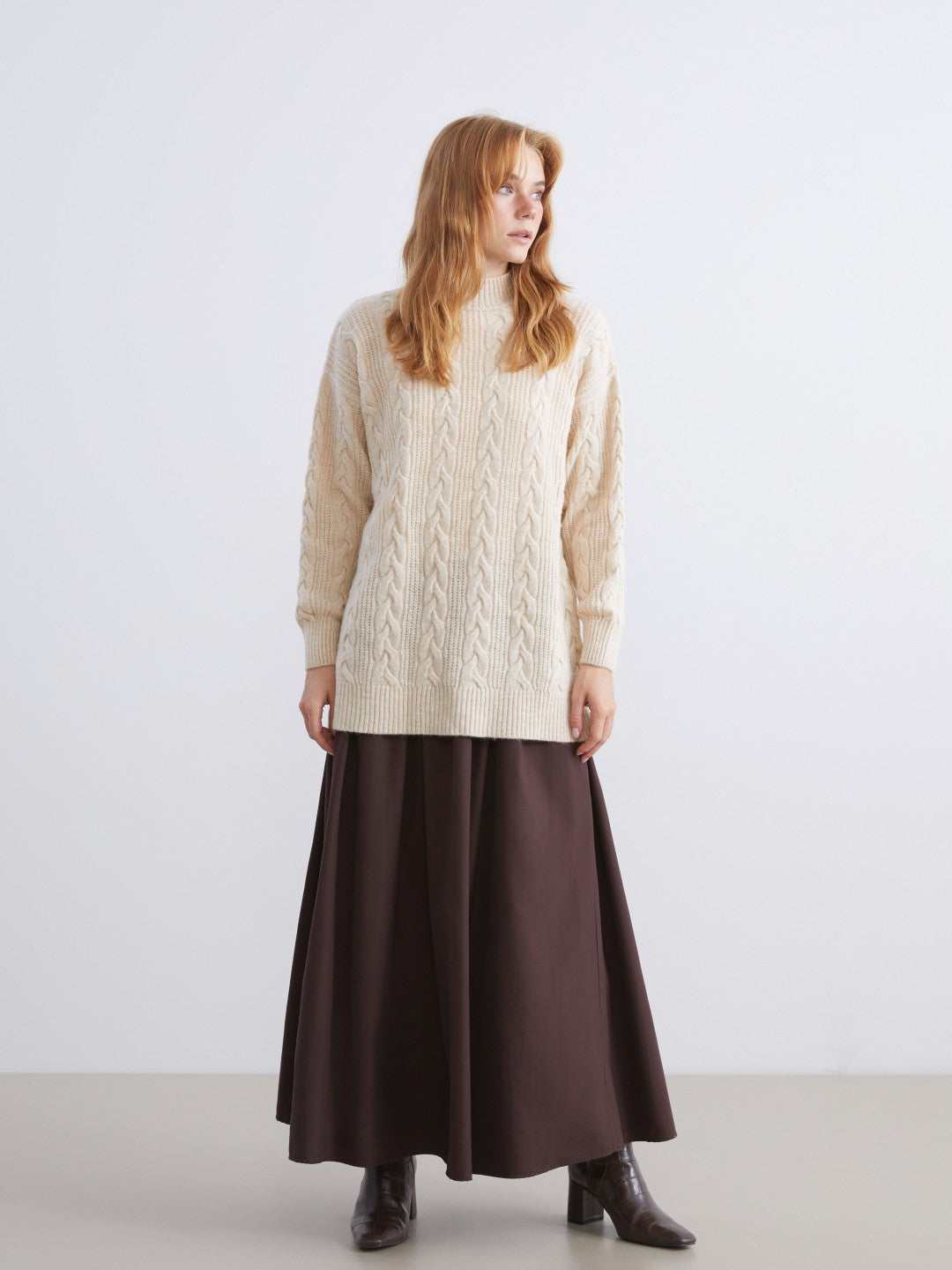 LCW Modest Navy Blue Waist Zippered Pleated Flared Skirt