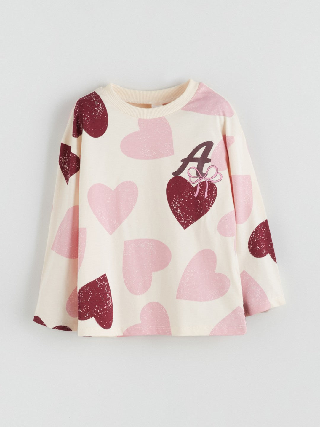 LCW Baby Ecru Crew Neck Heart Printed Girls T-Shirt