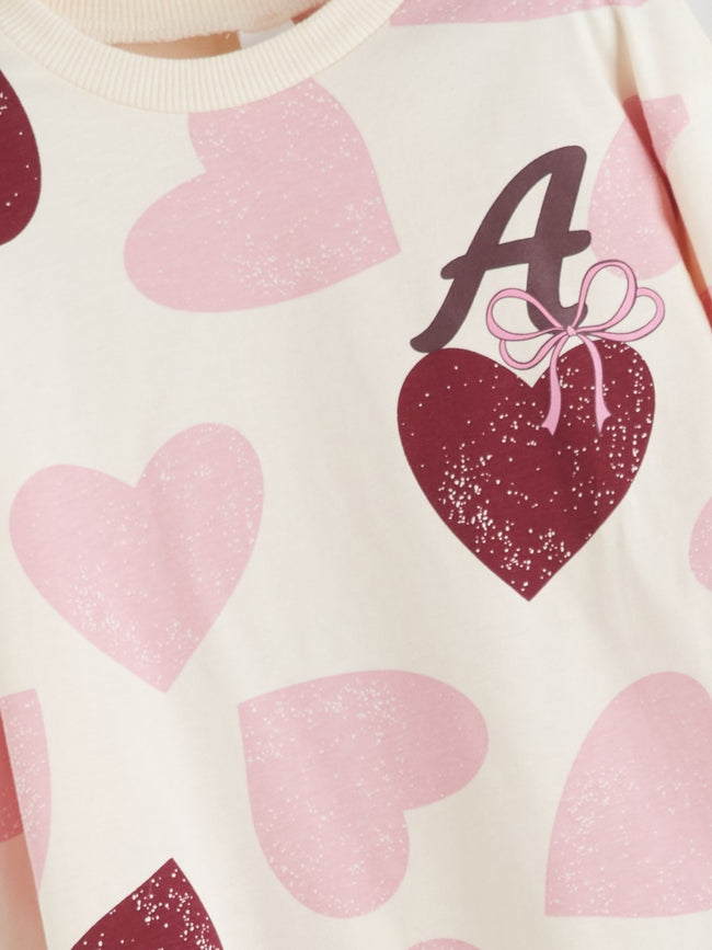 LCW Baby Ecru Crew Neck Heart Printed Girls T-Shirt Main Image