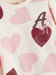 LCW Baby Ecru Crew Neck Heart Printed Girls T-Shirt