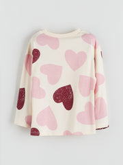 LCW Baby Ecru Crew Neck Heart Printed Girls T-Shirt