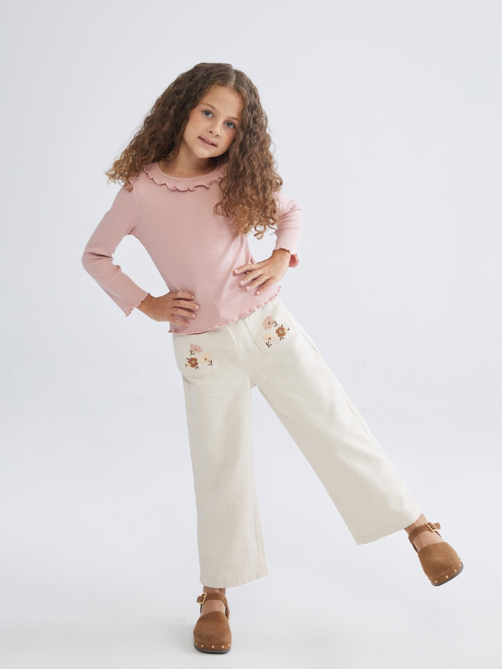 LCW Kids Ecru Elastic Waist Floral GirlS Trousers