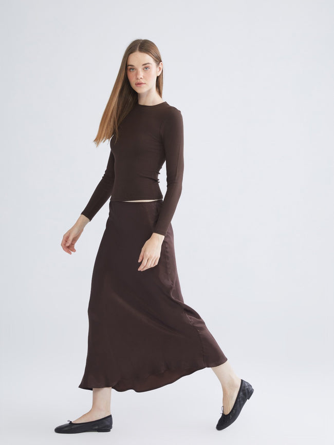 Xside Brown Elastic Waist Flounce Satin Skirt Hover Image