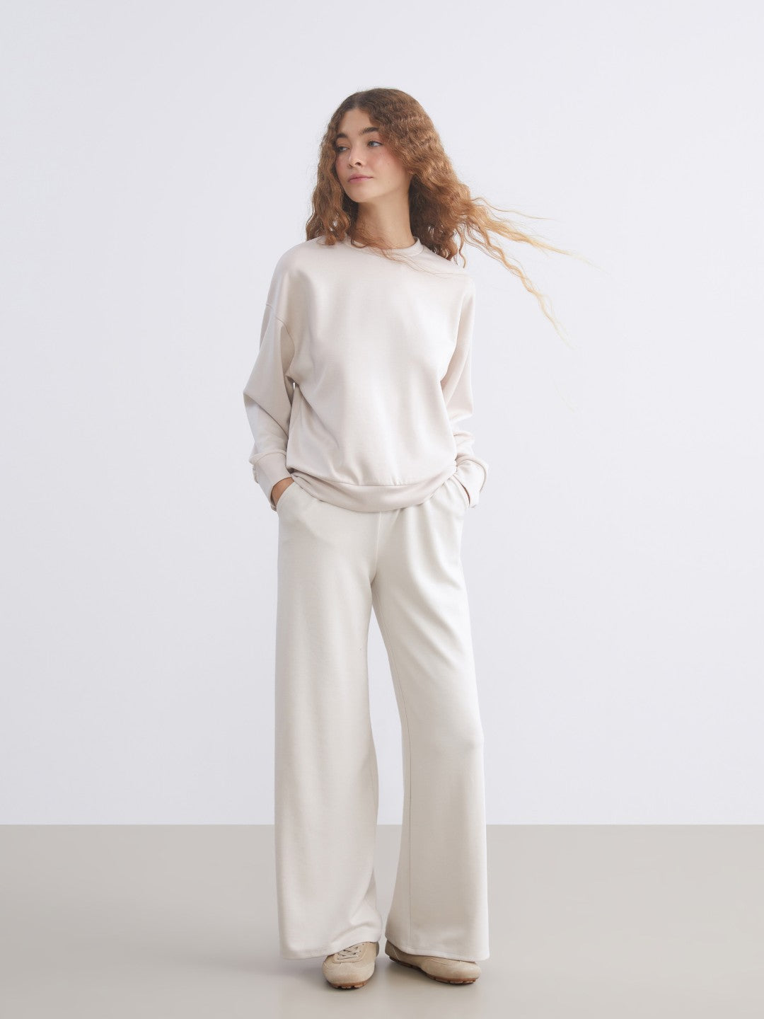 Xside Beige Elastic Waist Wide Leg Women Tracksuit Bottoms
