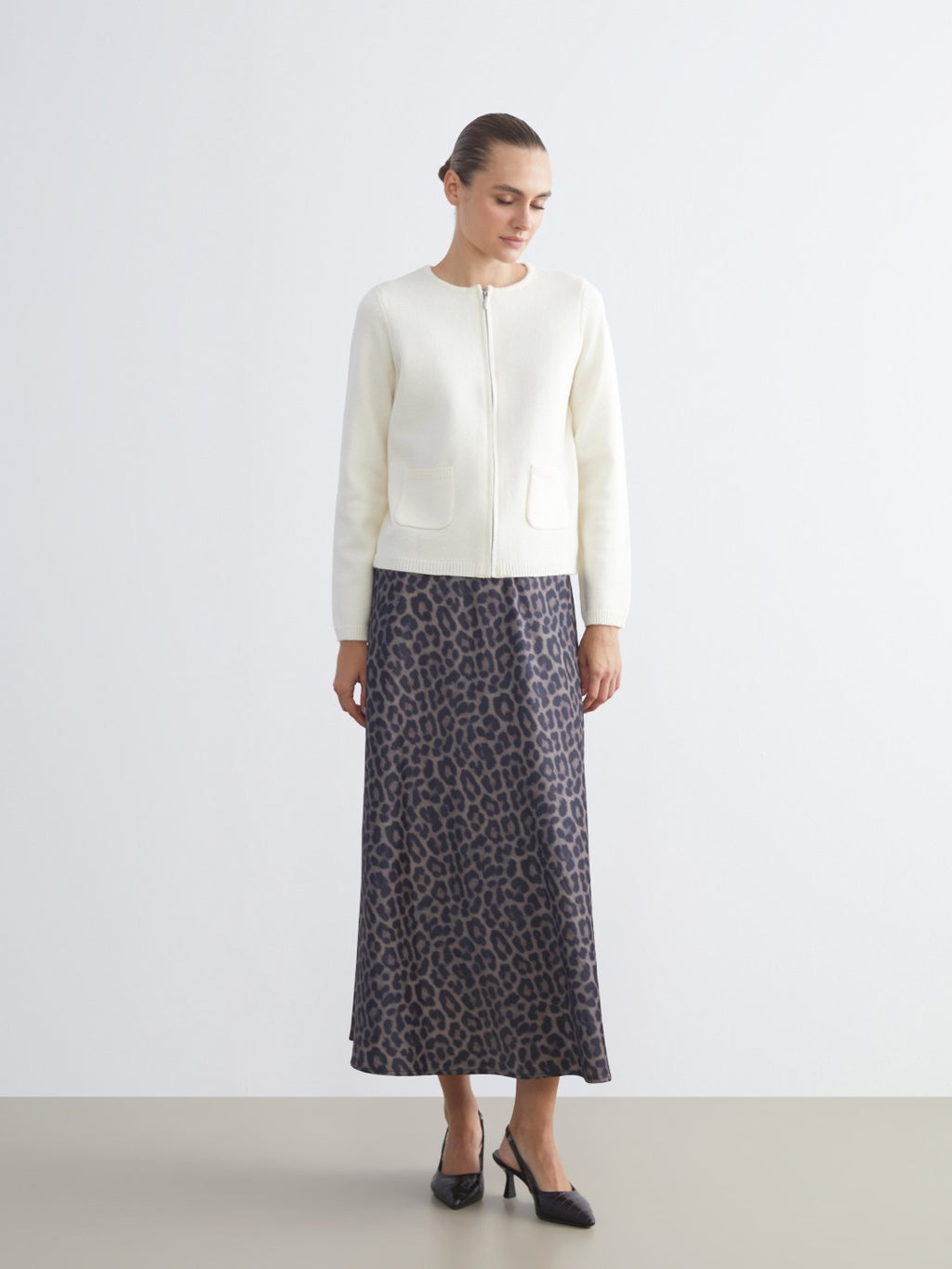 LCW Classic Brown Elastic Waist Leopard Patterned A-Line Satin Skirt