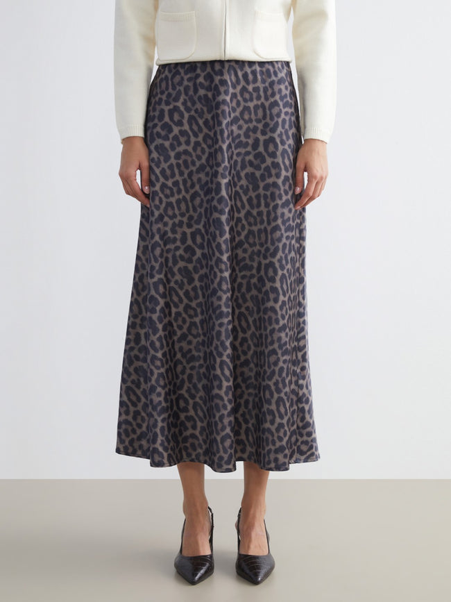 LCW Classic Brown Elastic Waist Leopard Patterned A-Line Satin Skirt Main Image