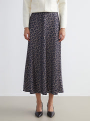 LCW Classic Brown Elastic Waist Leopard Patterned A-Line Satin Skirt